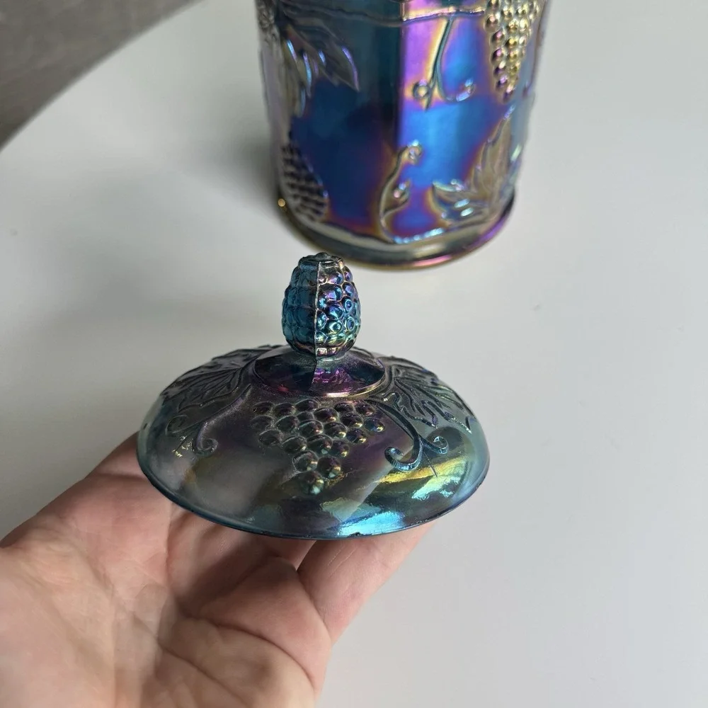 VTG Indiana Blue Grape Harvest Carnival Glass Candy Canister Iridescent W/lid